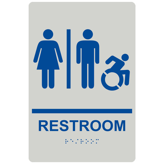 Pearl Gray Braille RESTROOM Sign with Dynamic Accessibility Symbol RRE-120R_Blue_on_PearlGray
