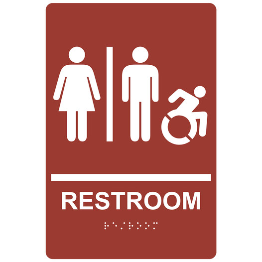 Canyon Braille RESTROOM Sign with Dynamic Accessibility Symbol RRE-120R_White_on_Canyon