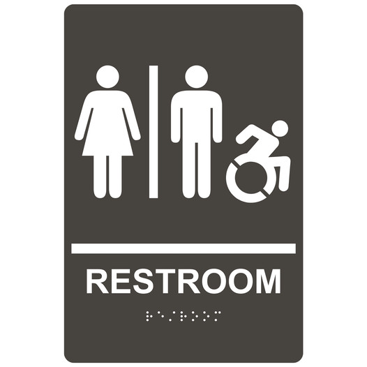 Charcoal Gray Braille RESTROOM Sign with Dynamic Accessibility Symbol RRE-120R_White_on_CharcoalGray