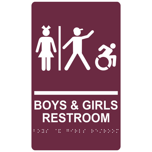 Burgundy Braille BOYS & GIRLS RESTROOM Sign with Dynamic Accessibility Symbol RRE-14771R_White_on_Burgundy
