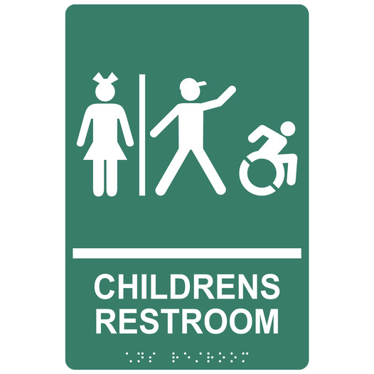 Pine Green Braille CHILDRENS RESTROOM Sign with Dynamic Accessibility Symbol RRE-14782R_White_on_PineGreen