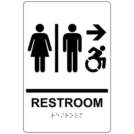 White Braille RESTROOM Right Sign with Dynamic Accessibility Symbol RRE-14819R_Black_on_White
