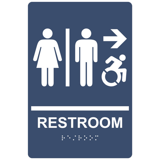 Navy Braille RESTROOM Right Sign with Dynamic Accessibility Symbol RRE-14819R_White_on_Navy