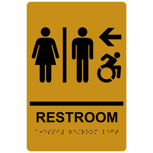 Gold Braille RESTROOM Left Sign with Dynamic Accessibility Symbol RRE-14820R_Black_on_Gold