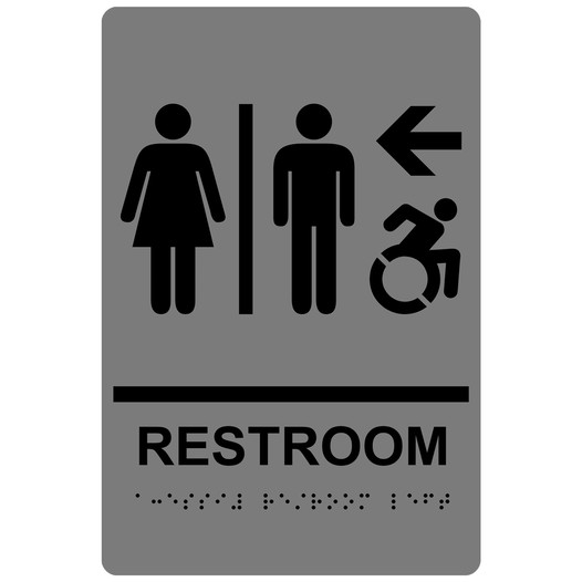 Gray Braille RESTROOM Left Sign with Dynamic Accessibility Symbol RRE-14820R_Black_on_Gray
