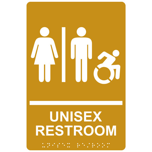 Gold Braille UNISEX RESTROOM Sign with Dynamic Accessibility Symbol RRE-14845R_White_on_Gold