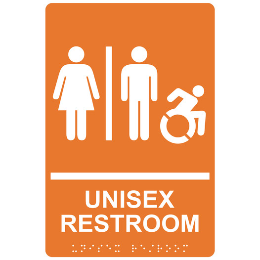Orange Braille UNISEX RESTROOM Sign with Dynamic Accessibility Symbol RRE-14845R_White_on_Orange