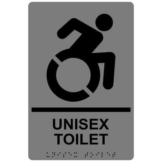 Gray Braille UNISEX TOILET Sign with Dynamic Accessibility Symbol RRE-14851R_Black_on_Gray