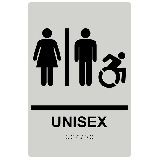 Pearl Gray Braille UNISEX Restroom Sign with Dynamic Accessibility Symbol RRE-19618R_Black_on_PearlGray