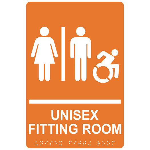Orange Braille UNISEX FITTING ROOM Sign with Dynamic Accessibility Symbol RRE-19941R_White_on_Orange