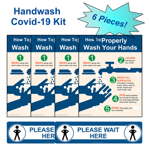 6-Piece COVID-19 Handwashing Poster and Floor Label Kit for Restrooms CS204170