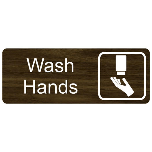 Walnut Engraved Wash Hands Sign with Symbol EGRE-366-SYM_White_on_Walnut