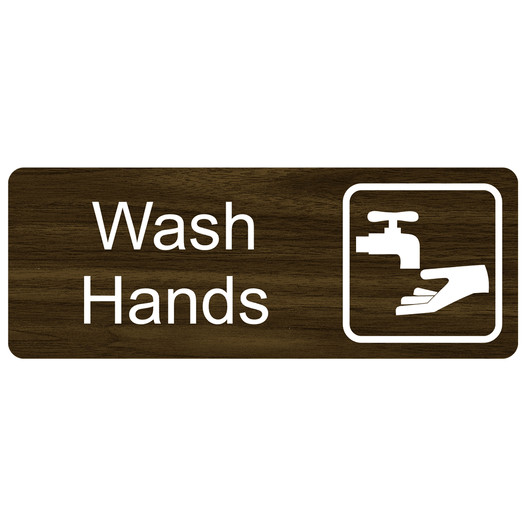 Walnut Engraved Wash Hands Sign with Symbol EGRE-371-SYM_White_on_Walnut