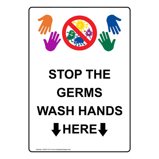 Portrait Stop The Germs Wash Hands Here Sign With Symbol NHEP-13113