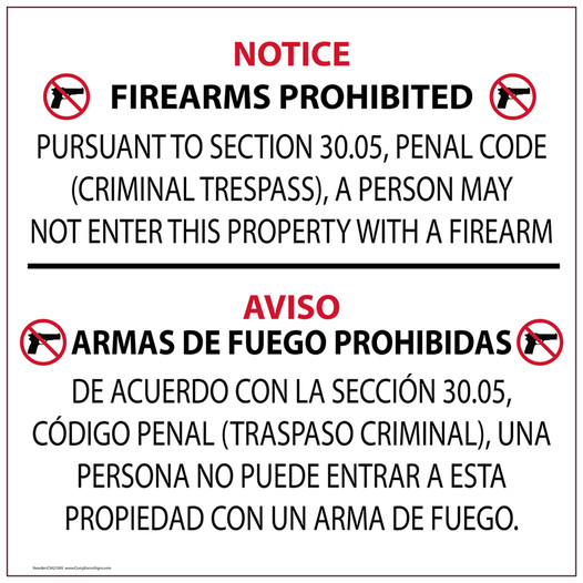Texas 30.05 Firearms Prohibited Sign CS421085