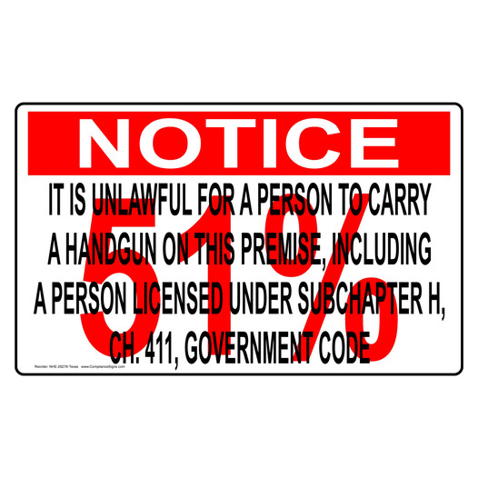 Texas IT IS UNLAWFUL TO CARRY HANDGUN Sign NHE-28278-Texas