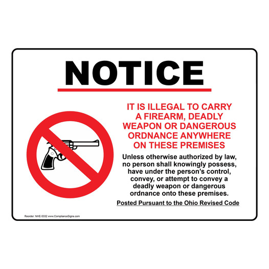 Ohio ILLEGAL TO CARRY A FIREARM ON PREMISES Sign NHE-5332