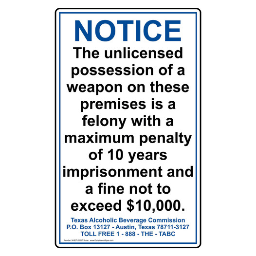 Portrait Texas Notice Unlicensed Weapon Possession Sign NHEP-28287-Texas