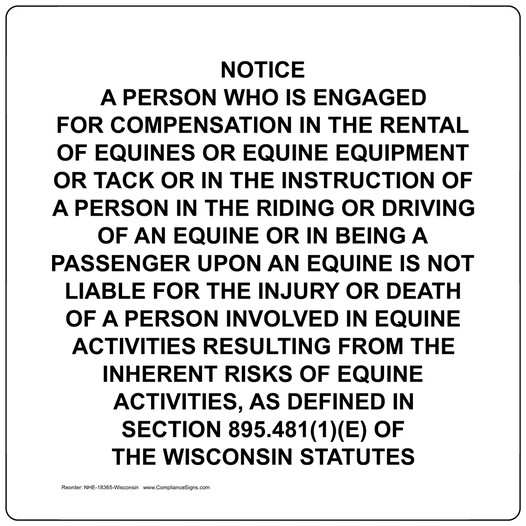 Wisconsin The Rental Of Equines Or Equine Equipment Sign NHE-18365-Wisconsin