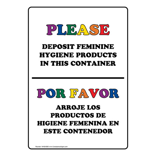 Deposit Feminine Hygiene Products In Container Bilingual Sign NHB-8585