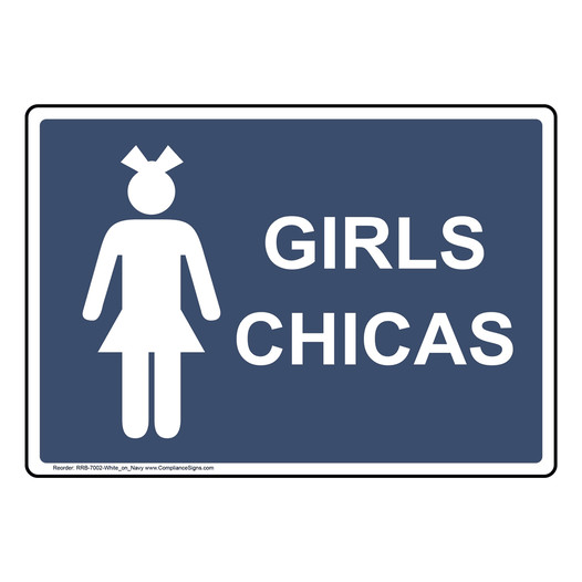 Navy Girls - Chicas Restroom Sign With Symbol RRB-7002-White_on_Navy