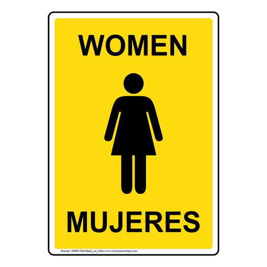 Portrait Yellow Women - Mujeres Restroom Sign With Symbol RRBP-7000-Black_on_Yellow