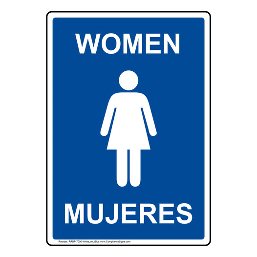 Portrait Blue Women - Mujeres Restroom Sign With Symbol RRBP-7000-White_on_Blue