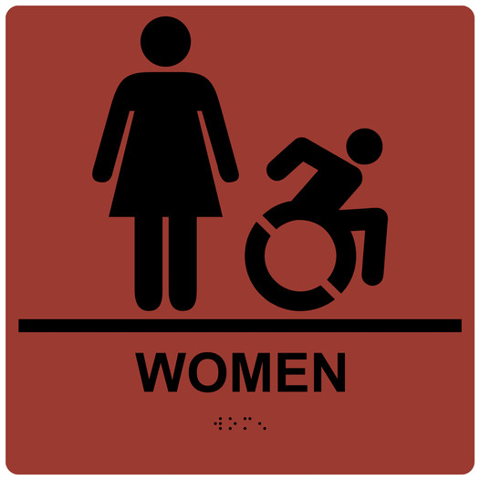 Square Canyon Braille WOMEN Restroom Sign with Dynamic Accessibility Symbol RRE-130R-99_Black_on_Canyon