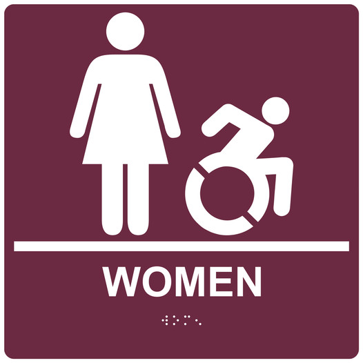 Square Burgundy Braille WOMEN Restroom Sign with Dynamic Accessibility Symbol RRE-130R-99_White_on_Burgundy