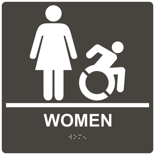 Square Charcoal Gray Braille WOMEN Restroom Sign with Dynamic Accessibility Symbol RRE-130R-99_White_on_CharcoalGray