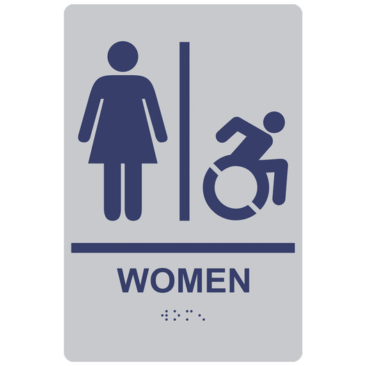 Silver Braille WOMEN Restroom Sign with Dynamic Accessibility Symbol RRE-130R_MarineBlue_on_Silver
