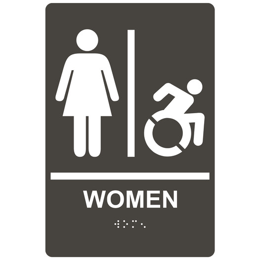 Charcoal Gray Braille WOMEN Restroom Sign with Dynamic Accessibility Symbol RRE-130R_White_on_CharcoalGray