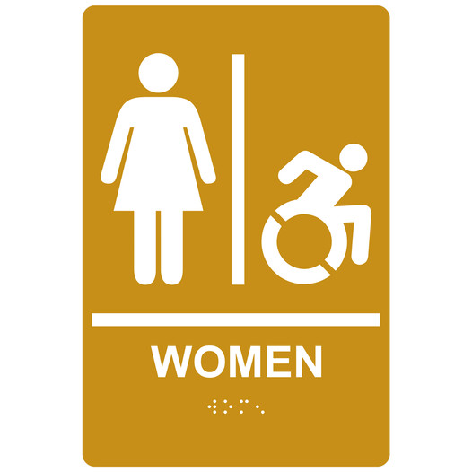 Gold Braille WOMEN Restroom Sign with Dynamic Accessibility Symbol RRE-130R_White_on_Gold