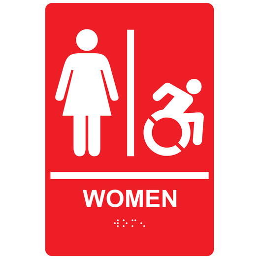 Red Braille WOMEN Restroom Sign with Dynamic Accessibility Symbol RRE-130R_White_on_Red