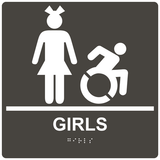 Square Charcoal Gray Braille GIRLS Restroom Sign with Dynamic Accessibility Symbol RRE-140R-99_White_on_CharcoalGray