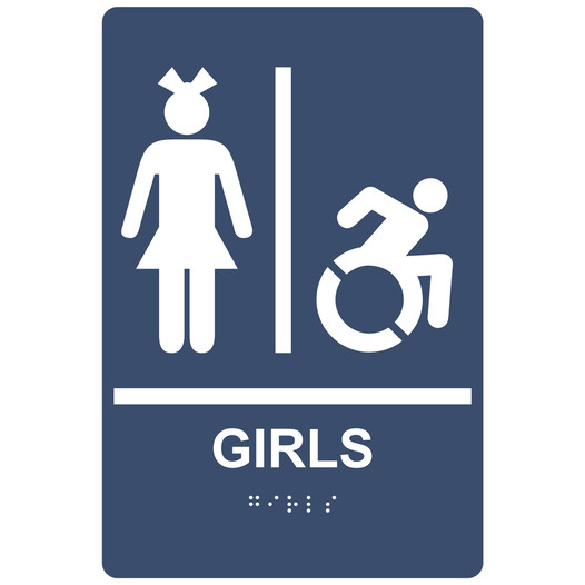 Navy Braille GIRLS Restroom Sign with Dynamic Accessibility Symbol RRE-140R_White_on_Navy