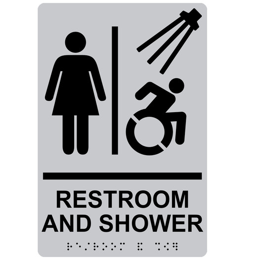 Silver Braille RESTROOM AND SHOWER Sign with Dynamic Accessibility Symbol RRE-14824R_Black_on_Silver