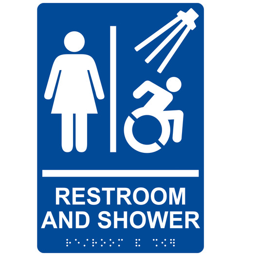 Blue Braille RESTROOM AND SHOWER Sign with Dynamic Accessibility Symbol RRE-14824R_White_on_Blue