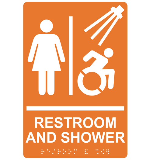 Orange Braille RESTROOM AND SHOWER Sign with Dynamic Accessibility Symbol RRE-14824R_White_on_Orange