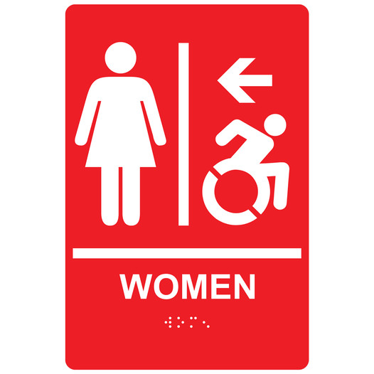 Red Braille WOMEN Restroom Left Sign with Dynamic Accessibility Symbol RRE-14857R_White_on_Red
