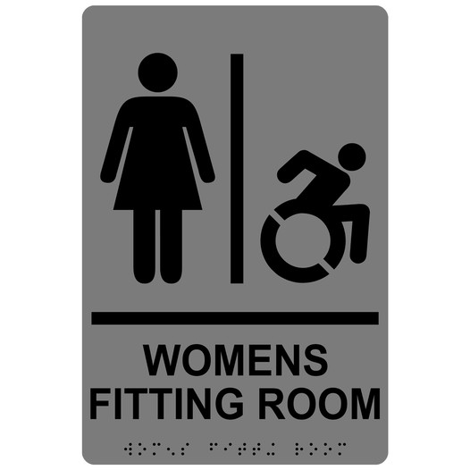 Gray Braille WOMENS FITTING ROOM Sign with Dynamic Accessibility Symbol RRE-19942R_Black_on_Gray