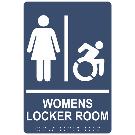Navy Braille WOMENS LOCKER ROOM Sign with Dynamic Accessibility Symbol RRE-19964R_White_on_Navy