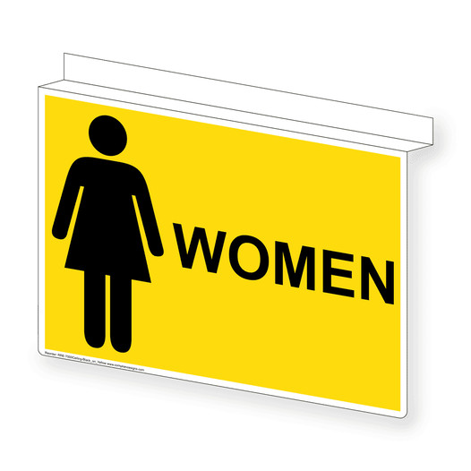 Yellow Ceiling-Mount WOMEN Restroom Sign With Symbol RRE-7000Ceiling-Black_on_Yellow