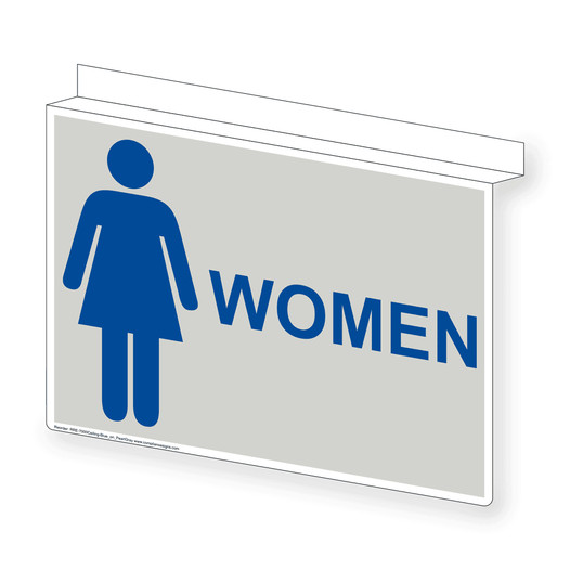Pearl Gray Ceiling-Mount WOMEN Restroom Sign With Symbol RRE-7000Ceiling-Blue_on_PearlGray