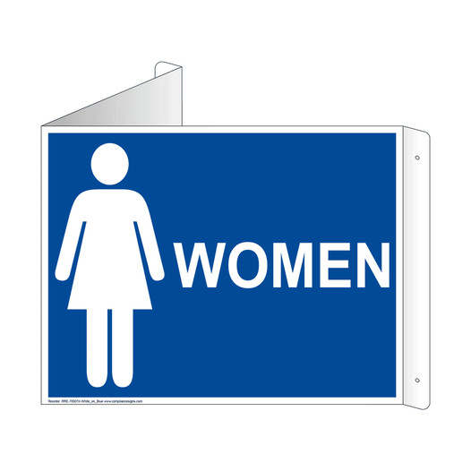Blue Triangle-Mount WOMEN Restroom Sign With Symbol RRE-7000Tri-White_on_Blue