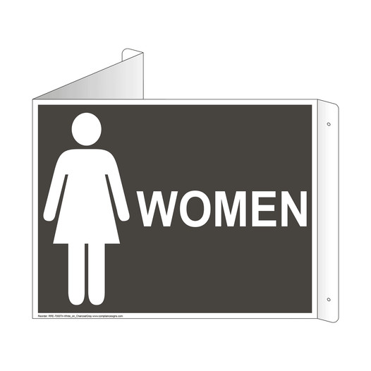 Charcoal Gray Triangle-Mount WOMEN Restroom Sign With Symbol RRE-7000Tri-White_on_CharcoalGray