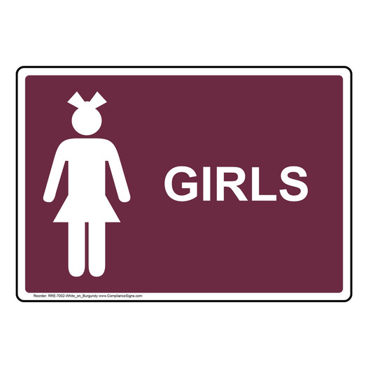 Burgundy Girls Restroom Sign With Symbol RRE-7002-White_on_Burgundy