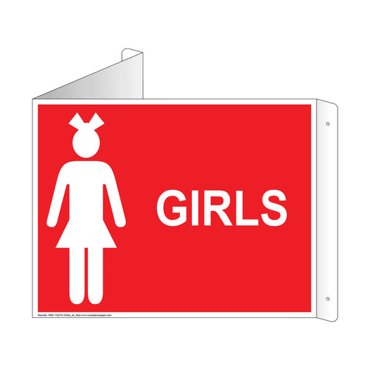 Red Triangle-Mount GIRLS Restroom Sign With Symbol RRE-7002Tri-White_on_Red
