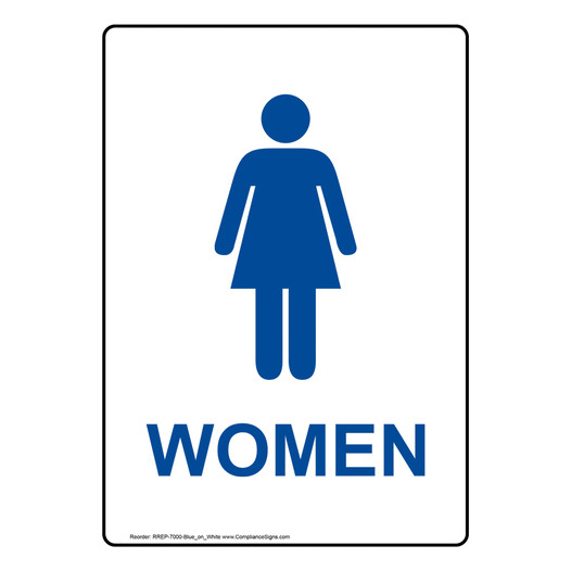 Portrait White Women Restroom Sign With Symbol RREP-7000-Blue_on_White