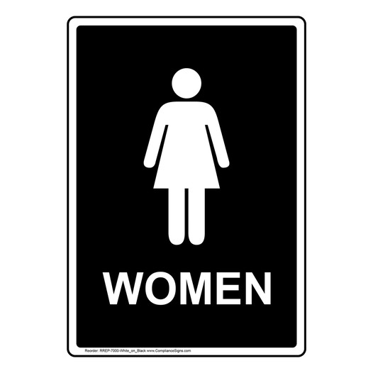 Portrait Black Women Restroom Sign With Symbol RREP-7000-White_on_Black